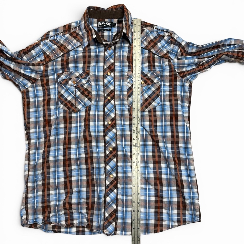 Panhandle Slim Large Shirt Western Texas Plaid Blue Brown Pearl Snaps 90 Proof - Picture 9 of 13